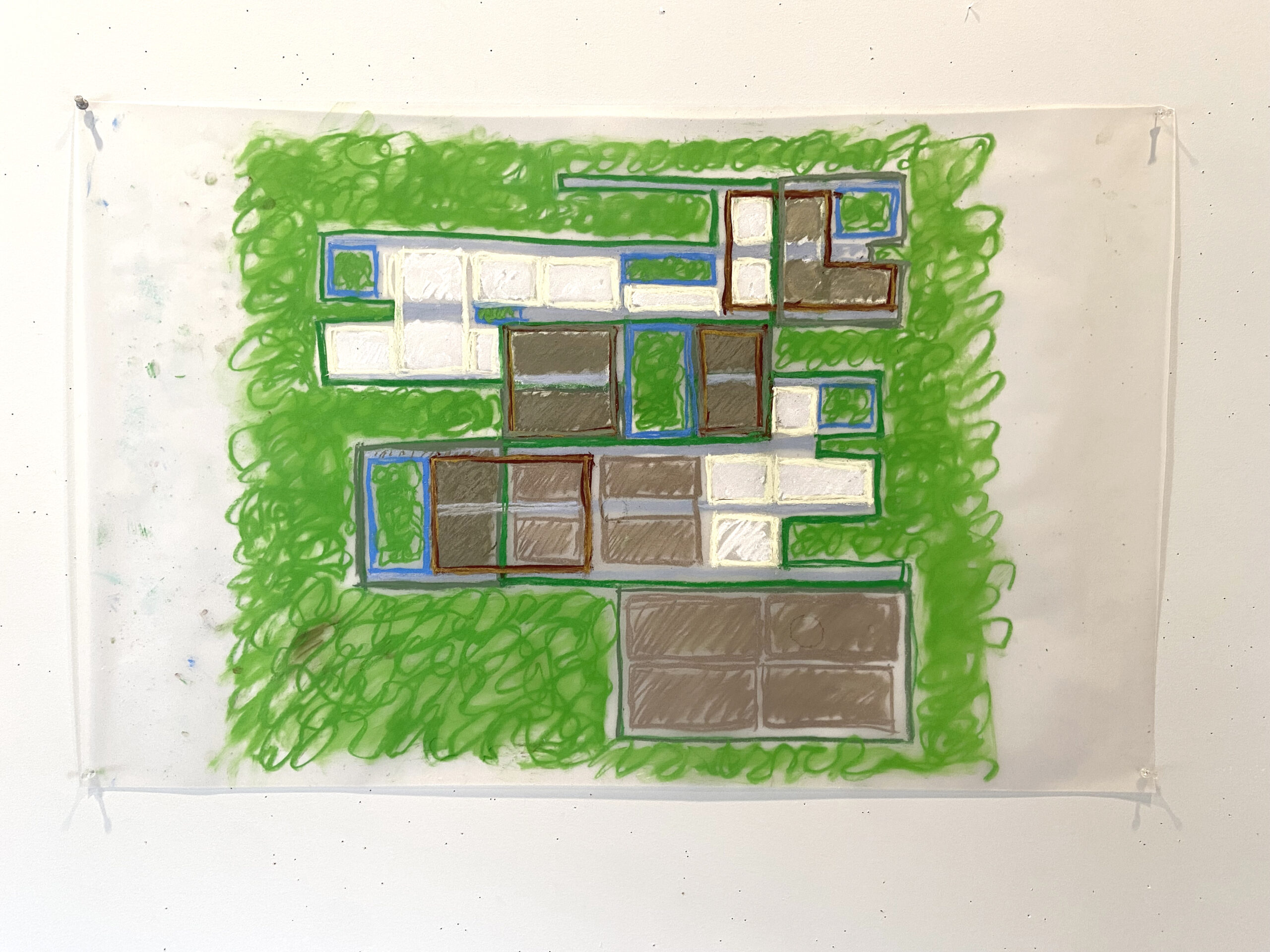 Hand-drawn gray boxes on green background indicate a new museum facility for VBMA .