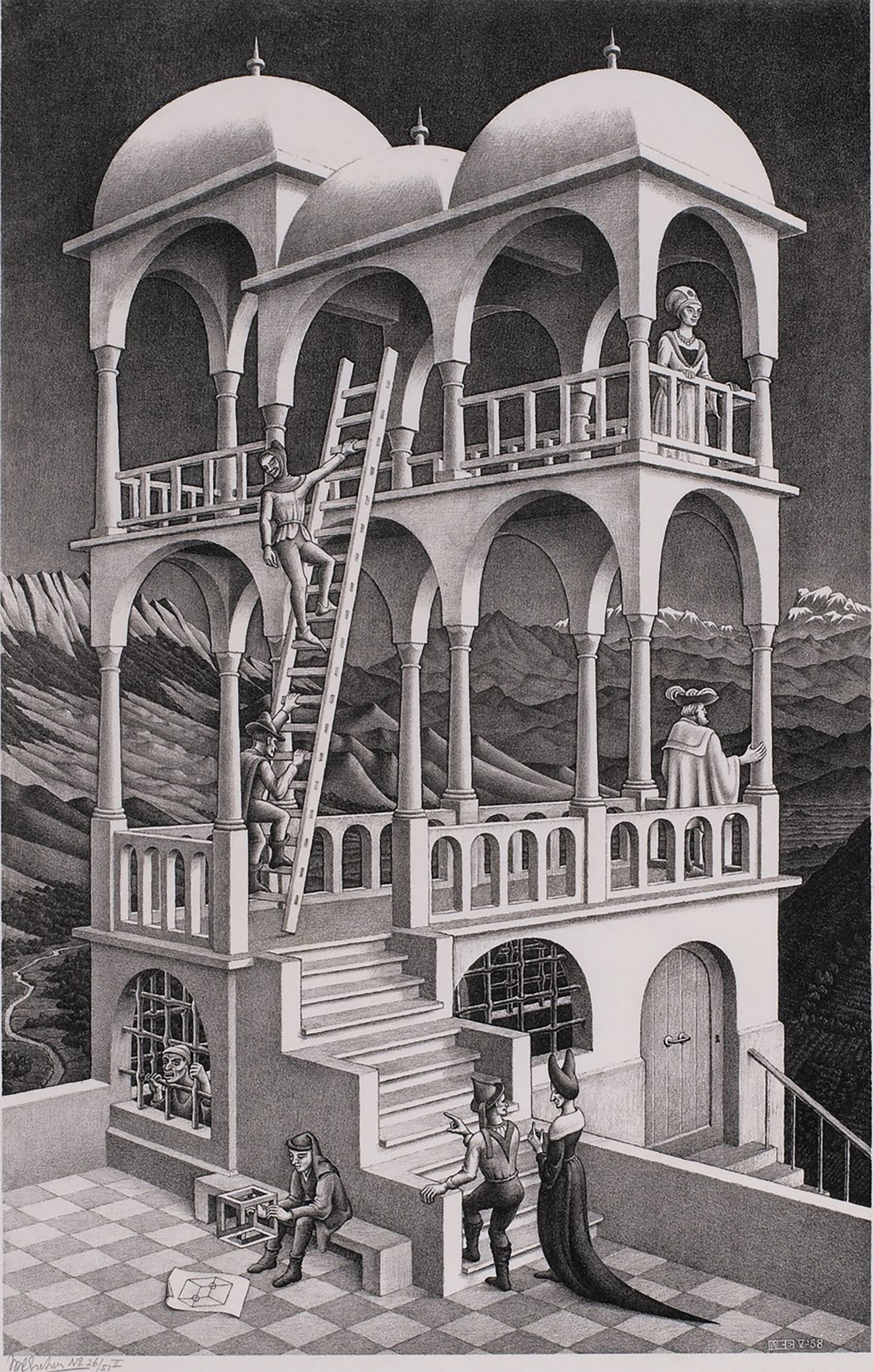 M.C. Escher (1898 – 1972), Belvedere, 1958. Lithograph, 46.2 x 29.5 cm. Private Collection, Image copyright of the M.C. Escher Co. 